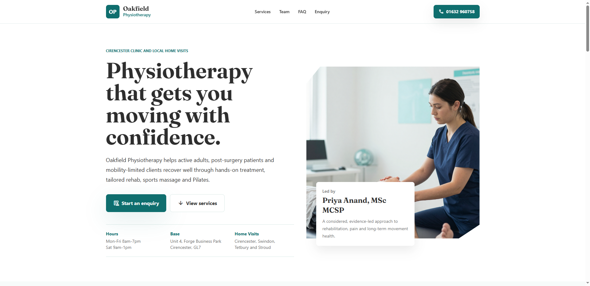 A screenshot of the Oakfield Physiotherapy webpage, showing the hero section