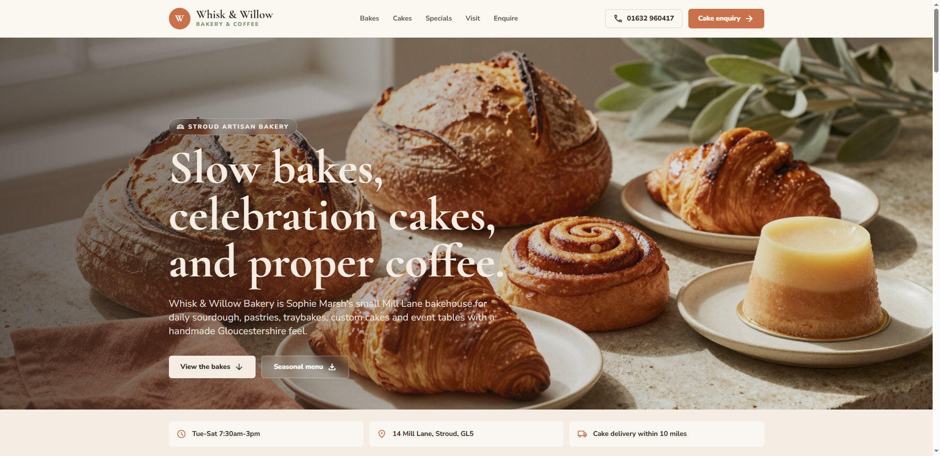 A screenshot of the Whisk and Willow Bakery webpage, showing the hero section
